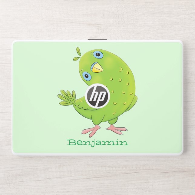 Cute green curious parakeet cartoon illustration HP laptop skin (Front)