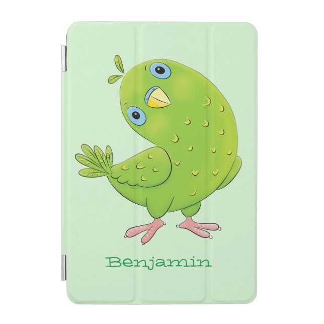 Cute green curious parakeet cartoon illustration iPad mini cover (Front)