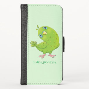 Cute green curious parakeet cartoon illustration iPhone x wallet case