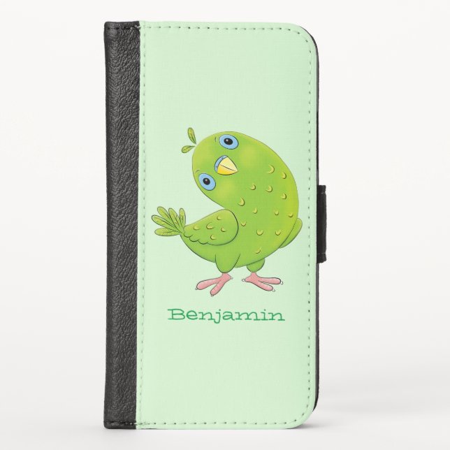 Cute green curious parakeet cartoon illustration iPhone wallet case (Front)