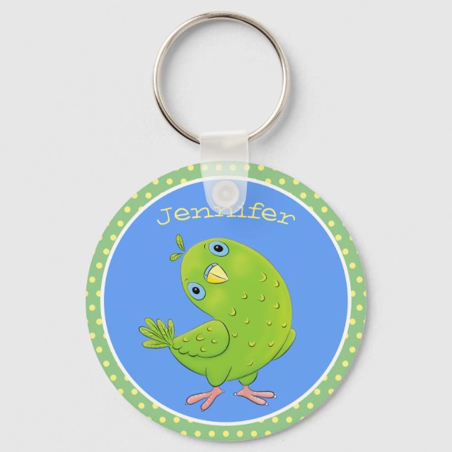 Cute green curious parakeet cartoon illustration keychain (Front)