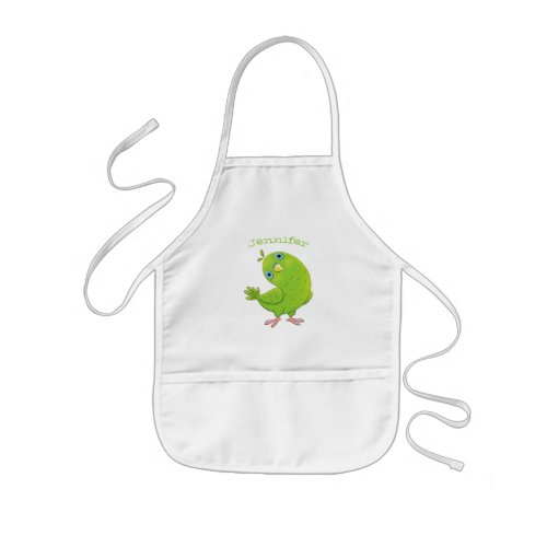 Cute green curious parakeet cartoon illustration kids apron