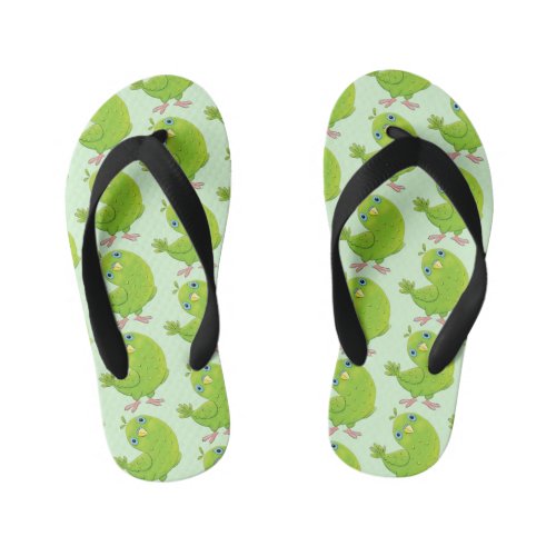 Cute green curious parakeet cartoon illustration kids flip flops