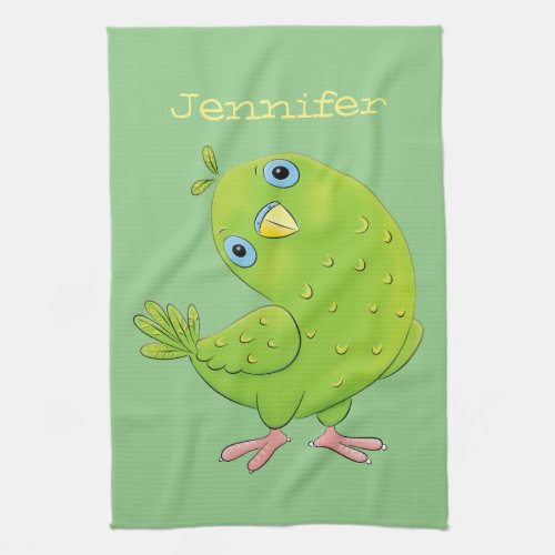 Cute green curious parakeet cartoon illustration kitchen towel