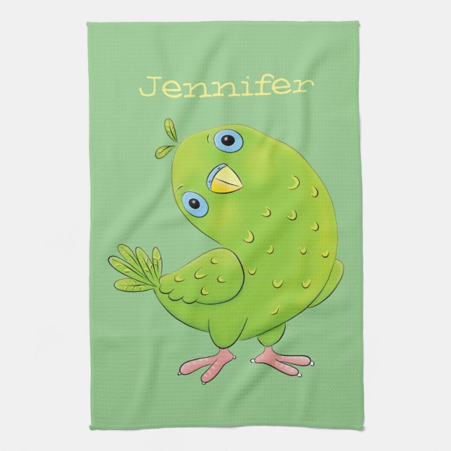 Cute green curious parakeet cartoon illustration kitchen towel (Vertical)