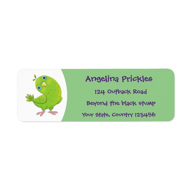 Cute green curious parakeet cartoon illustration label (Front)