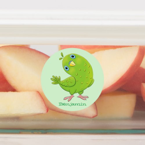 Cute green curious parakeet cartoon illustration labels