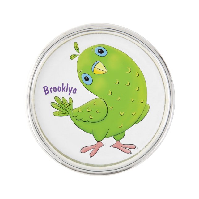 Cute green curious parakeet cartoon illustration lapel pin (Front)