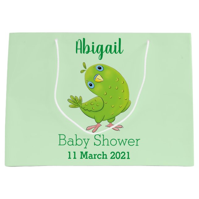 Cute green curious parakeet cartoon illustration large gift bag (Front)