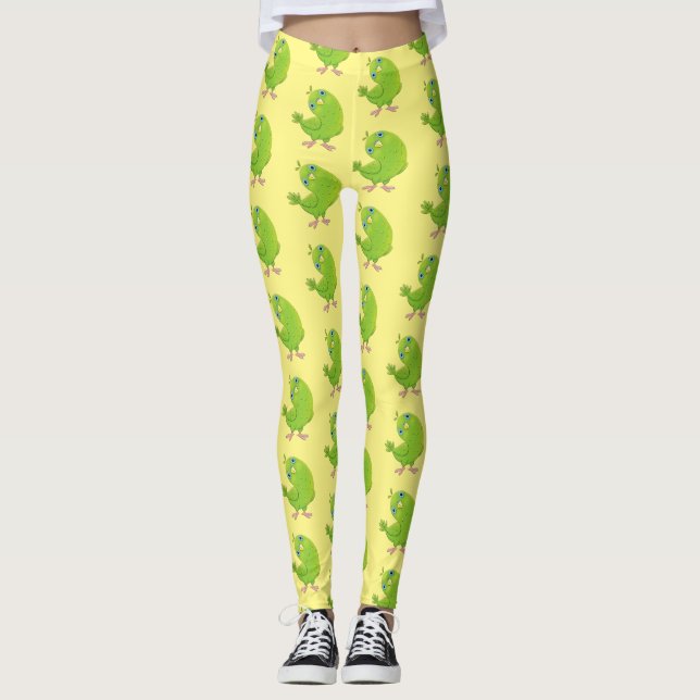 Cute green curious parakeet cartoon illustration leggings (Front)