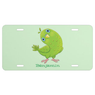 Cute green curious parakeet cartoon illustration license plate