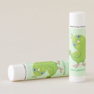 Cute green curious parakeet cartoon illustration lip balm