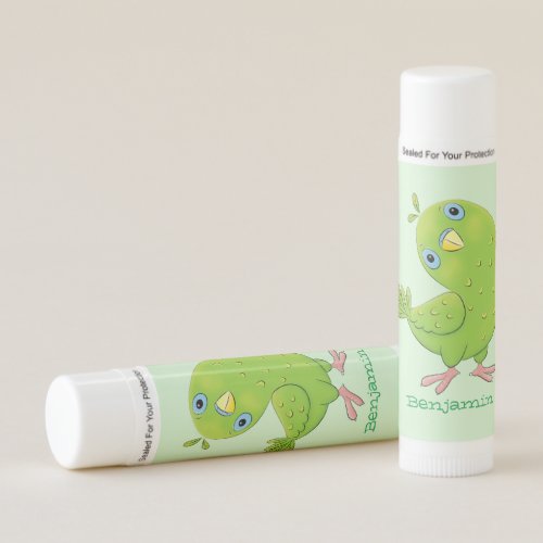 Cute green curious parakeet cartoon illustration  lip balm