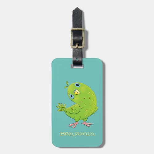 Cute green curious parakeet cartoon illustration luggage tag