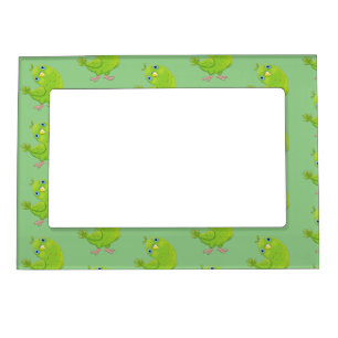 Cute green curious parakeet cartoon illustration magnetic frame
