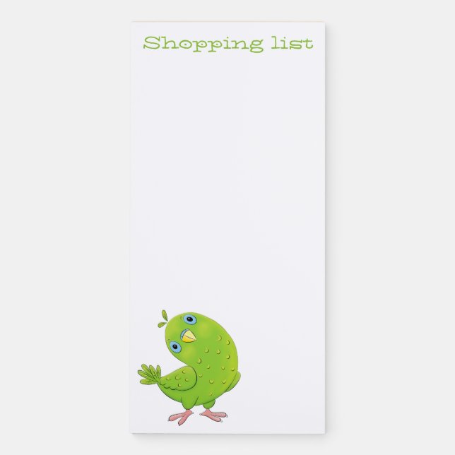 Cute green curious parakeet cartoon illustration magnetic notepad (Front)