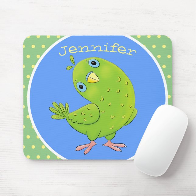 Cute green curious parakeet cartoon illustration mouse pad (With Mouse)