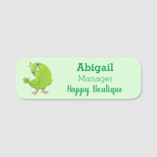 Cute green curious parakeet cartoon illustration name tag