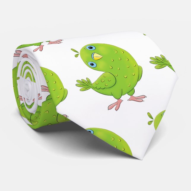 Cute green curious parakeet cartoon illustration neck tie (Rolled)