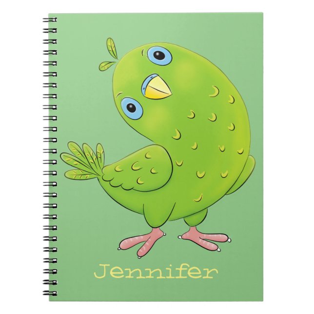 Cute green curious parakeet cartoon illustration notebook (Front)