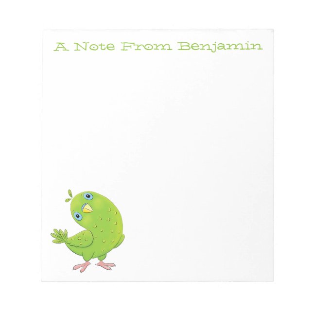 Cute green curious parakeet cartoon illustration notepad (Front)