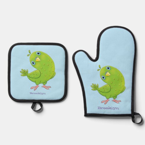 Cute green curious parakeet cartoon illustration oven mitt  pot holder set