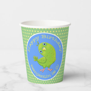 Cute green curious parakeet cartoon illustration paper cups