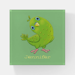 Cute green curious parakeet cartoon illustration paperweight