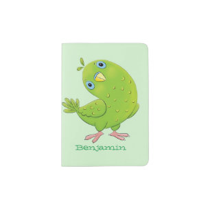Cute green curious parakeet cartoon illustration  passport holder