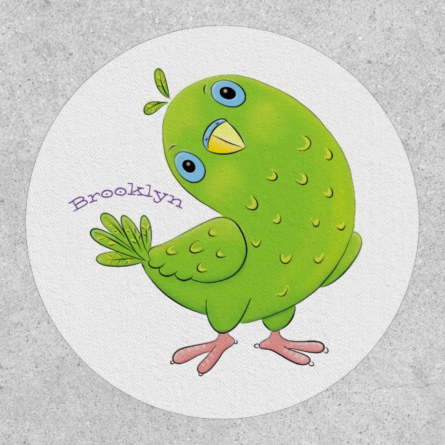 Cute green curious parakeet cartoon illustration patch (Front)