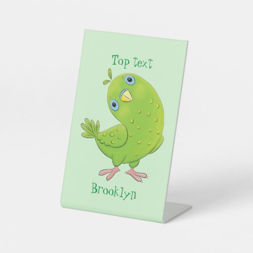 Cute green curious parakeet cartoon illustration pedestal sign