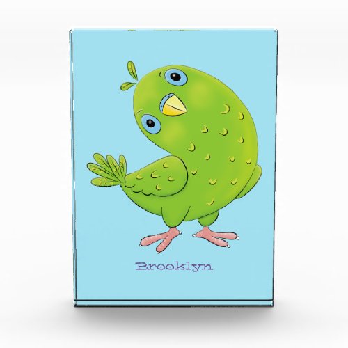 Cute green curious parakeet cartoon illustration photo block