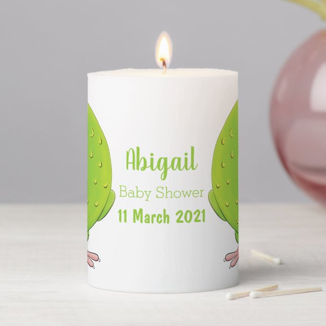 Cute green curious parakeet cartoon illustration pillar candle (In Situ)