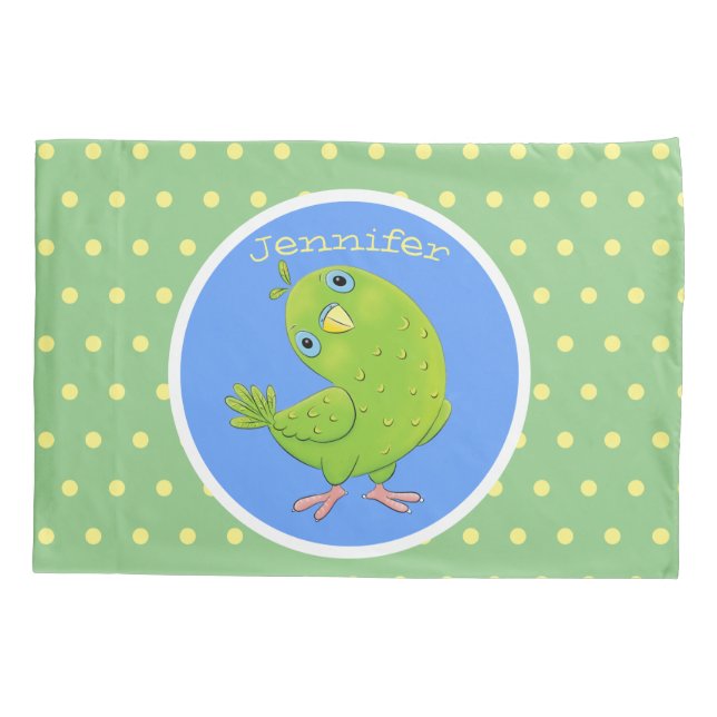 Cute green curious parakeet cartoon illustration pillow case (Back)
