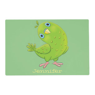 Cute green curious parakeet cartoon illustration placemat