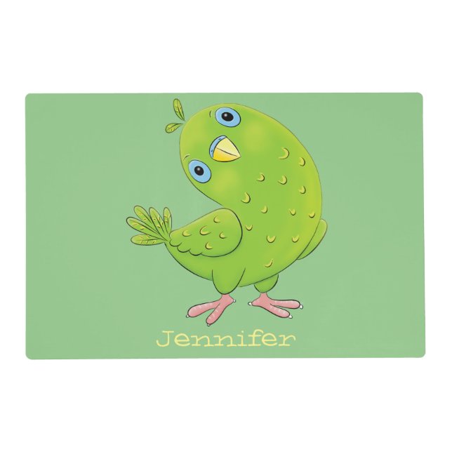 Cute green curious parakeet cartoon illustration placemat (Front)