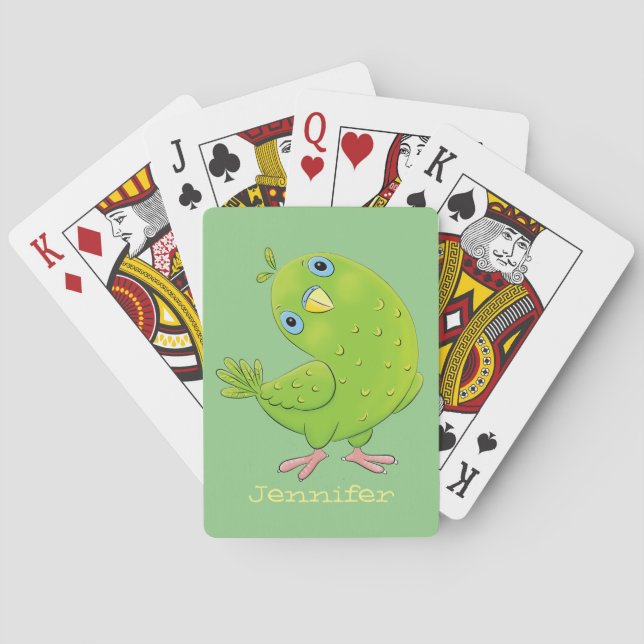 Cute green curious parakeet cartoon illustration poker cards (Back)