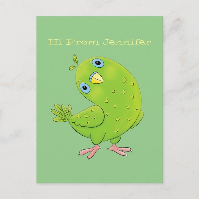 Cute green curious parakeet cartoon illustration postcard (Front)
