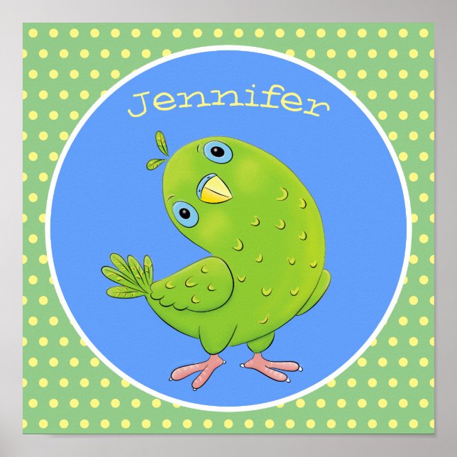 Cute green curious parakeet cartoon illustration poster (Front)
