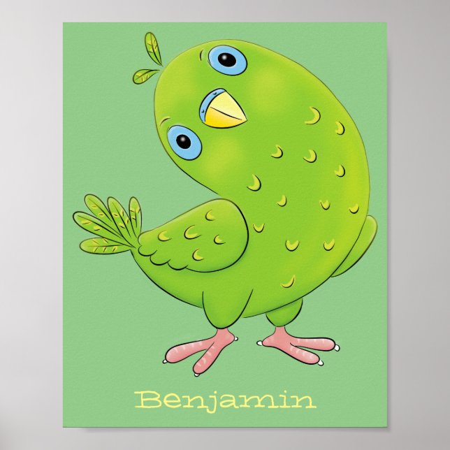 Cute green curious parakeet cartoon illustration poster (Front)