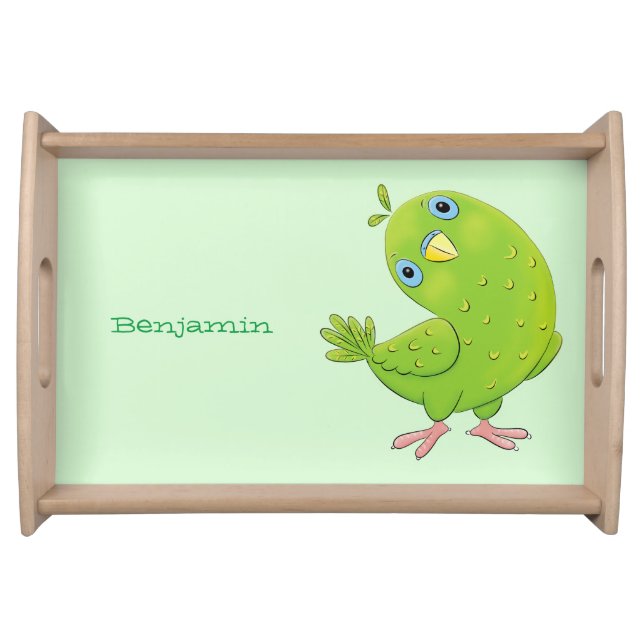Cute green curious parakeet cartoon illustration serving tray (Front)