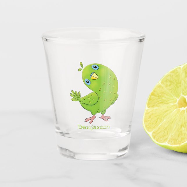 Cute green curious parakeet cartoon illustration  shot glass (Front)