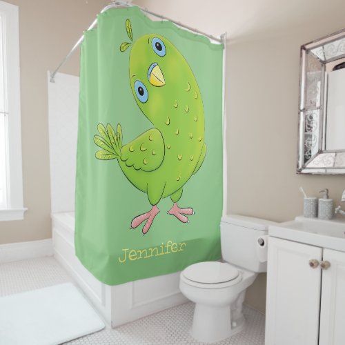 Cute green curious parakeet cartoon illustration shower curtain