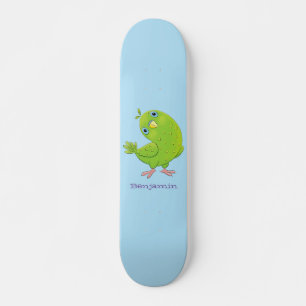Cute green curious parakeet cartoon illustration skateboard