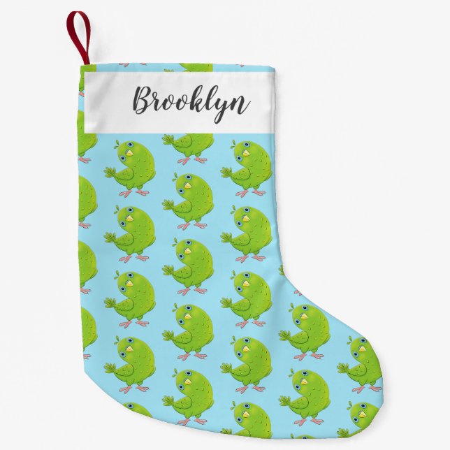 Cute green curious parakeet cartoon illustration small christmas stocking (Front)