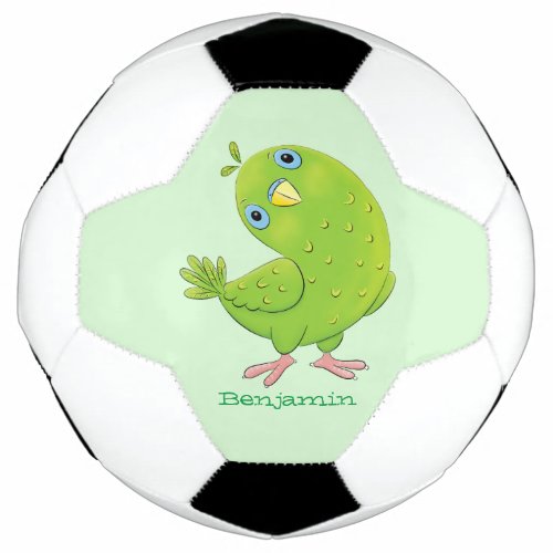 Cute green curious parakeet cartoon illustration  soccer ball