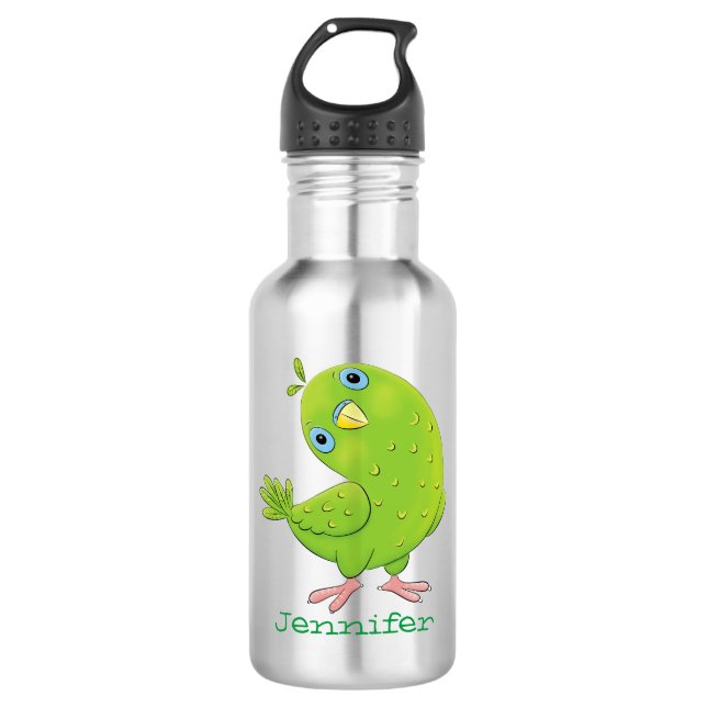 Cute green curious parakeet cartoon illustration stainless steel water bottle (Front)