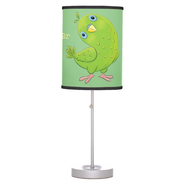Cute green curious parakeet cartoon illustration table lamp (Front)