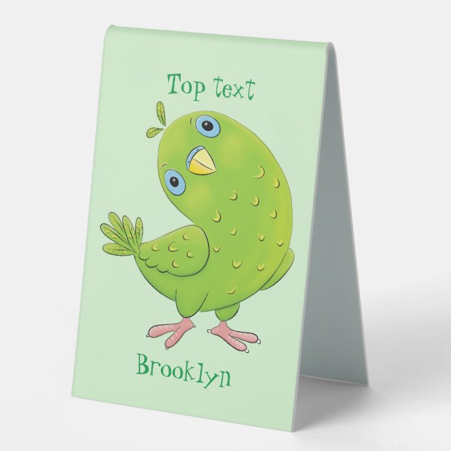 Cute green curious parakeet cartoon illustration table tent (Front)