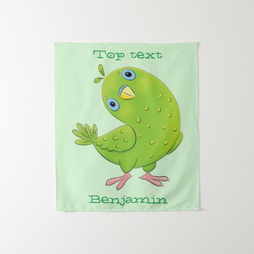 Cute green curious parakeet cartoon illustration tapestry